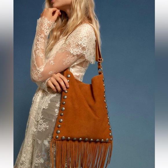 Free People Handbags - Free People Catalina Studded Suede Fringe Crossbody Bag in Cognac